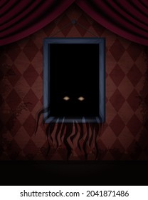 Aged old room with red grunge wallpaper and creepy creature out of hanging picture frame for vector Halloween design