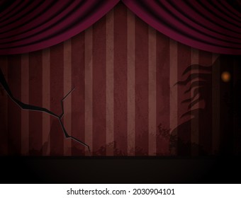 Aged old room with red striped grunge wallpaper and shadows of creepy creature for Halloween design