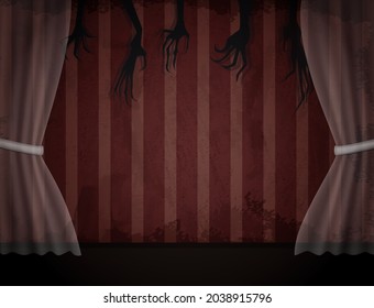 Aged old room with red striped grunge wallpaper, transparent curtain and shadows of creepy hands for Halloween design