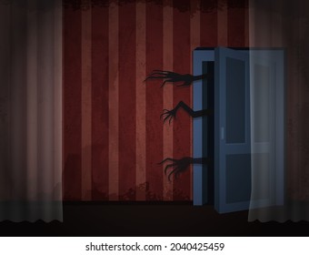 Aged old room with red striped grunge wallpaper, transparent curtain and creepy hands out of door for vector Halloween design