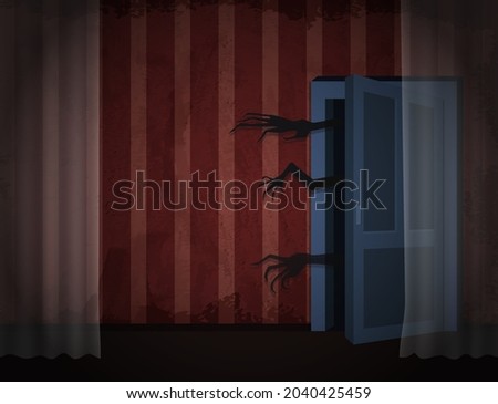 Aged old room with red striped grunge wallpaper, transparent curtain and creepy hands out of door for vector Halloween design