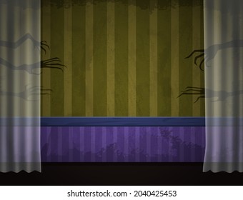 Aged old room with striped grunge wallpaper, transparent curtain and shadows of creepy hands for Halloween design
