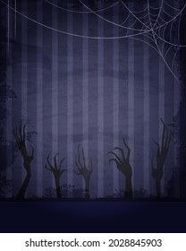 Aged old room with violet striped grunge wallpaper, spiderweb and shadows of creepy hands for Halloween design