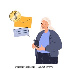 La anciana anciana recibió carta de financiación bancaria.Correo de pensión de jubilación, sobre y dinero.Correspondencia en contabilidad,pago.Mensajes financieros.Ilustración vectorial plana aislada en fondo blanco