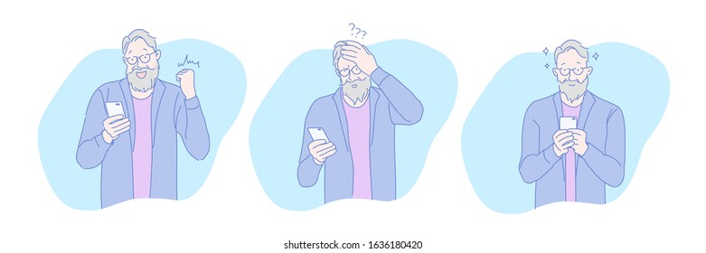 Aged, Online, Addiction, Gambling, Play, Set. Aged Senior Playing Gambling Game Online On Phone. Advanced, Excited Old Man Using Modern Gadget. Internet Addiction. New Technology Simple Flat Vector.