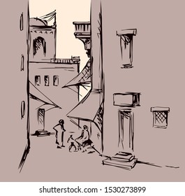 Aged orient bible heritage scene view. Retro muslim berber arch gate build dwelling on white background. Line black ink hand drawn saudi man quarter picture sketch in antique style pen on paper place