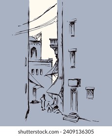 Aged orient bible heritage scene view. Retro muslim berber arch gate built dwelling on white background. Line black ink hand drawn saudi man quarter picture sketch in antique style pen on paper place