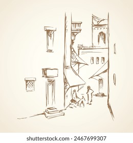 Aged orient bible heritage scene view. Retro muslim berber arch gate build dwelling on white background. Line black ink hand drawn saudi man quarter picture sketch in antique engrave style place