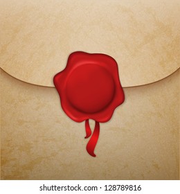 Aged paper envelope background with wax seal. Illustration contains gradient mesh.