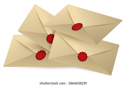 Aged paper envelopes, closed with red wax seal, isolated over white background.