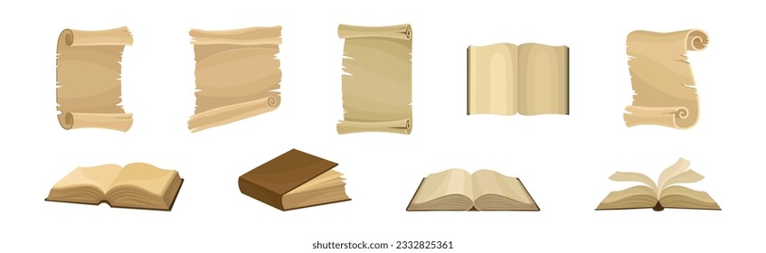 Aged Papyrus Scroll and Book in Hard Cover Vector Set