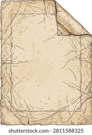 Aged parchment with a distinct crumpled texture and folded edge. Offers ample blank space for creative additions. Suitable for historical document reenactments.