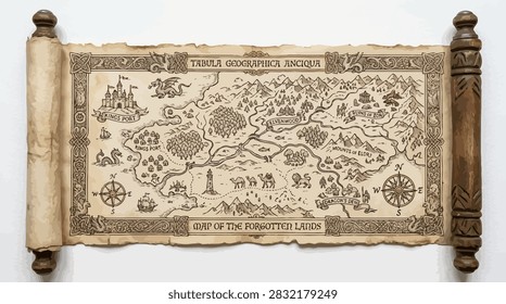 An aged parchment scroll featuring a hand drawn fantasy map with castles mountains and forests secured by detailed wooden handles