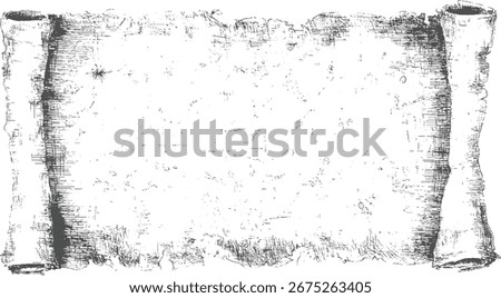 An aged parchment scroll with torn edges and a textured surface, rendered in a grey and white sketch style.