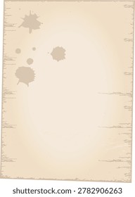 Aged parchment sheet with rough edges and ink splatter texture in a grunge background style. Symbol of history, nostalgia, archive, and memoir. Cartoon vector illustration.