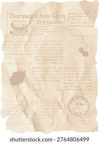 Aged parchment sheet with torn edges, faded print, ink splatter, and postal stamp in grunge texture style. Evokes history, archive feel, and antique document theme. Cartoon vector illustration.