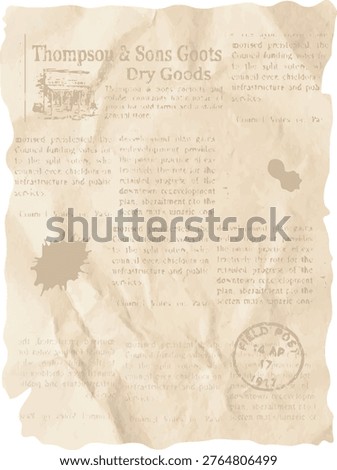 Aged parchment sheet with torn edges, faded print, ink splatter, and postal stamp in grunge texture style. Evokes history, archive feel, and antique document theme. Cartoon vector illustration.