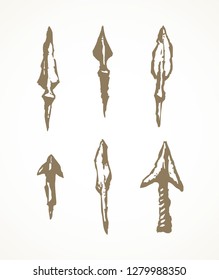 Aged past era tribal sharp copper bow harpoon artifacts set isolated on white backdrop. Freehand outline black ink hand drawn picture sketch in art doodle retro style pen on paper. 