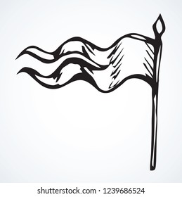 Aged pennon element on light sky backdrop. Freehand line dark black color ink hand drawn logotype pictogram sketchy in art past scribble etch print style pen on paper. View closeup with space for text