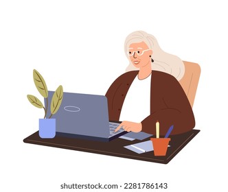 Aged Pensioner Woman Character looking at Laptop,serfing the Internet.Old Woman sitting in armchair,working Online, freelancer.Busy Working Woman.Vector Flat Illustration Isolated on White Background.