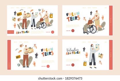 Aged People Aid Landing Page Template Set. Volunteers Characters Help to Seniors Push Wheelchair, Walk Together. Man and Woman Carry Bags with Products and Medical Drugs. Linear Vector Illustration