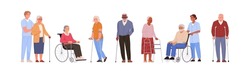 Aged people with assistive devices. Vector illustration in cartoon flat style of senior men and women with crutches, canes, walkers and wheelchairs, and nurses helping them. Isolated on white.