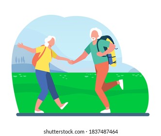 Aged people with bagpacks dancing together in meadow. Nature, trip. Flat vector illustration. Traveling concept can be used for presentations, banner, website design, landing web page