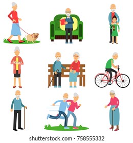 Aged people characters in different situations set, active lifestyle of elderly men and women cartoon vector Illustrations