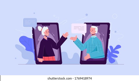 Aged people communicate online speech. Woman and man conduct dialogue in web chat of smartphone old happy friends discuss latest news events mobile vector application everyone.