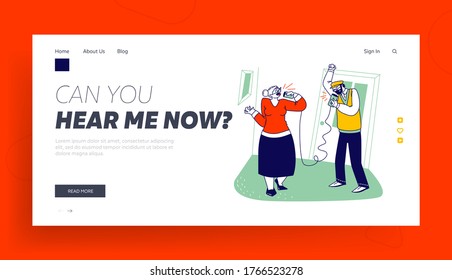 Aged People Communication, Share Gossips, Retro Transmitter Landing Page Template. Senior Characters Speaking by Deaf Phone or Can Telephone made of Tin Jars and Rope. Linear Vector Illustration