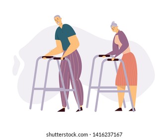 Aged People Couple Walking with Paddle Walker. Happy Senior Man and Woman Characters Together. Elderly People, Old Age Concept. Vector flat illustration