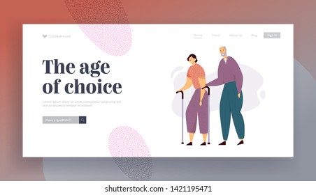 Aged People Couple Walking with Sticks. Happy Senior Man and Woman Characters Together. Elderly People, Old Age Concept. Vector flat illustration