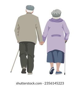 aged people, Elderly couple walking holding hands with walking sticks, flat style vector illustration