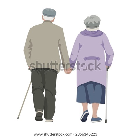 aged people, Elderly couple walking holding hands with walking sticks, flat style vector illustration
