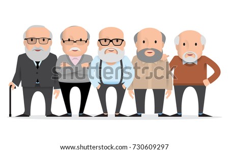 Aged people. A group of old people in various poses. Grandfathers retired on white background