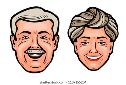 Aged people. Happy grandfather and grandmother. Cartoon vector illustration