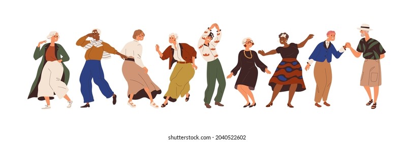 Aged people having fun at senior dance party. Happy old man and woman dancing with joy. Active elderly females and males moving to music. Flat vector illustration isolated on white background