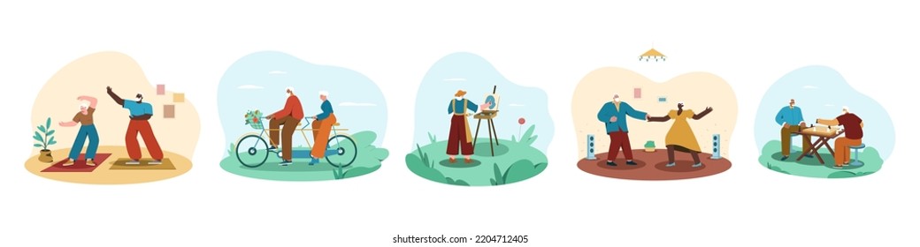 Aged people recreation and hobby. Happy senior man and woman riding a bicycle in park, playing chess, painting and dancing at home. Flat set with elderly characters doing physical activities, cycling.