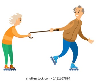 Aged people rollerskating, portrait view of old people wearing casual clothes and roller-skates holding stick, grandparents recreation, activity vector