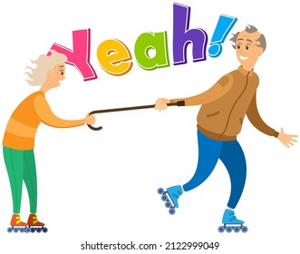 Aged people rollerskating together. Portrait view of old characters in roller-skates holding stick. Grandparents recreation, activity, pastime. Elderly couple enjoys walk, says yeah, rollerblades