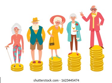 Aged people standing on piles of different heights of coins. Pension difference, welfare, retirement age, aging population . Modern vector illustration.