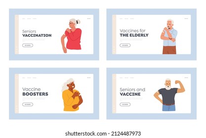 Aged People Vaccination, Health Care Concept Landing Page Template Set. Vaccinated Positive Senior Characters Show Patch on Shoulder. Elderly Person Immunization, Health. Cartoon Vector Illustration