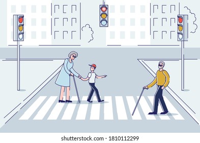 Premium Vector  Cute little boy helping blind man crossing street at the  pedestrian traffic