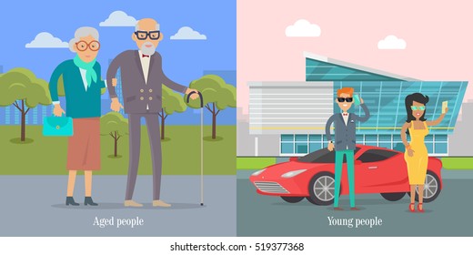 Aged people walking in park. Young people standing near luxury coupe car. Happy senior man and woman together. Middle aged couple. Successful young businessman couple. Vector illustration