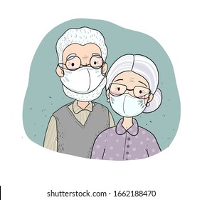 Aged people in white medical face mask  for prevent virus. Coronavirus quarantine.