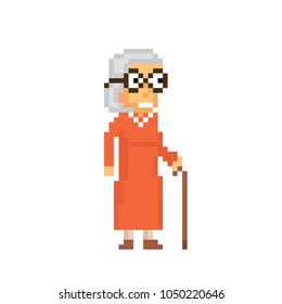 Aged person with cane long thin stick with curved handle. Pixelart icon set. Old school computer graphic style. Decorative element design for logo, sticker, web, mobile app. Game assets 8-bit sprite.