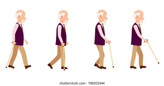 Aged person with cane long thin stick with curved handle that can be used to help walk. Man process of movement colorful vector illustration