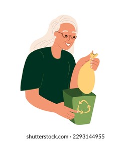 Aged person throwing trash bag into green-colored container for organic rubbish,food scraps,wastes.Eco-friendly woman and garbage dumpster. Flat vector illustration isolated on white background