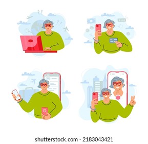 Aged person uses laptop and smartphone for online booking, payment in internet, showing e-ticket and selfie. Oldies traveling, active lifestyle and technology using concepts. Vector.