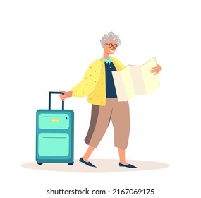 Aged Person in Voyage Abroad.Senior Tourist Pensioner Woman Character with Luggage Watching Map in City Trip,Elderly People Traveling Searching Right Way in Foreign Country.Cartoon Vector Illustration